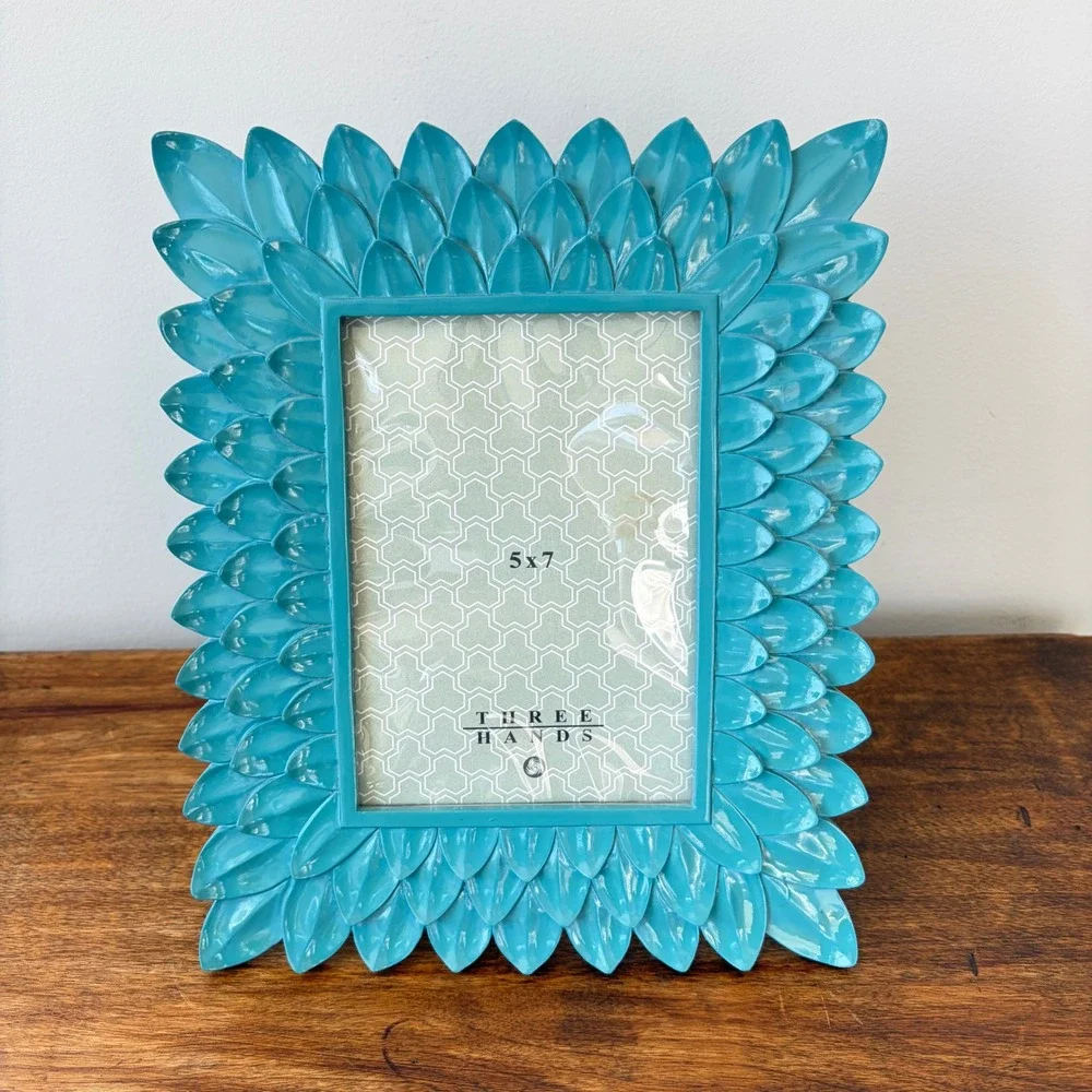 Three Hands Turquoise Metal Petal Leaf 5x7 Picture Frame Teal Glossy Rectangular